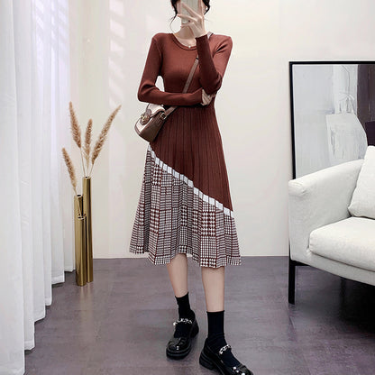 Women's Plaid Bottoming Knitted Sweater Mid-length Over-the-knee Dress