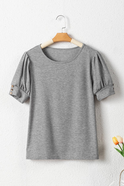 Light Grey Pleated Puff Sleeve Knit Tee