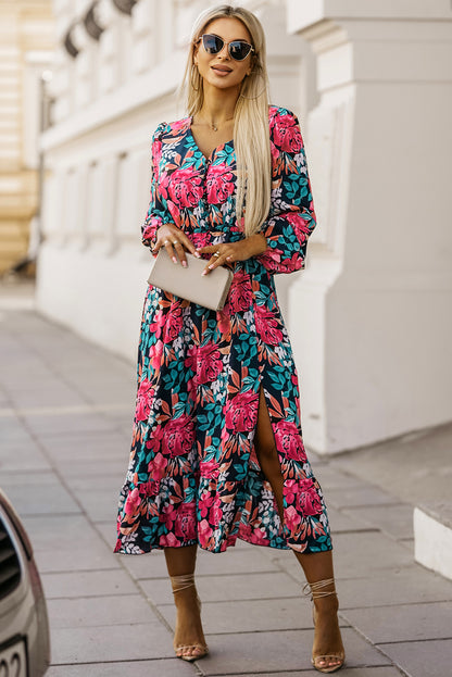 Fiery Red V Neck Elastic High Waist Split Floral Dress