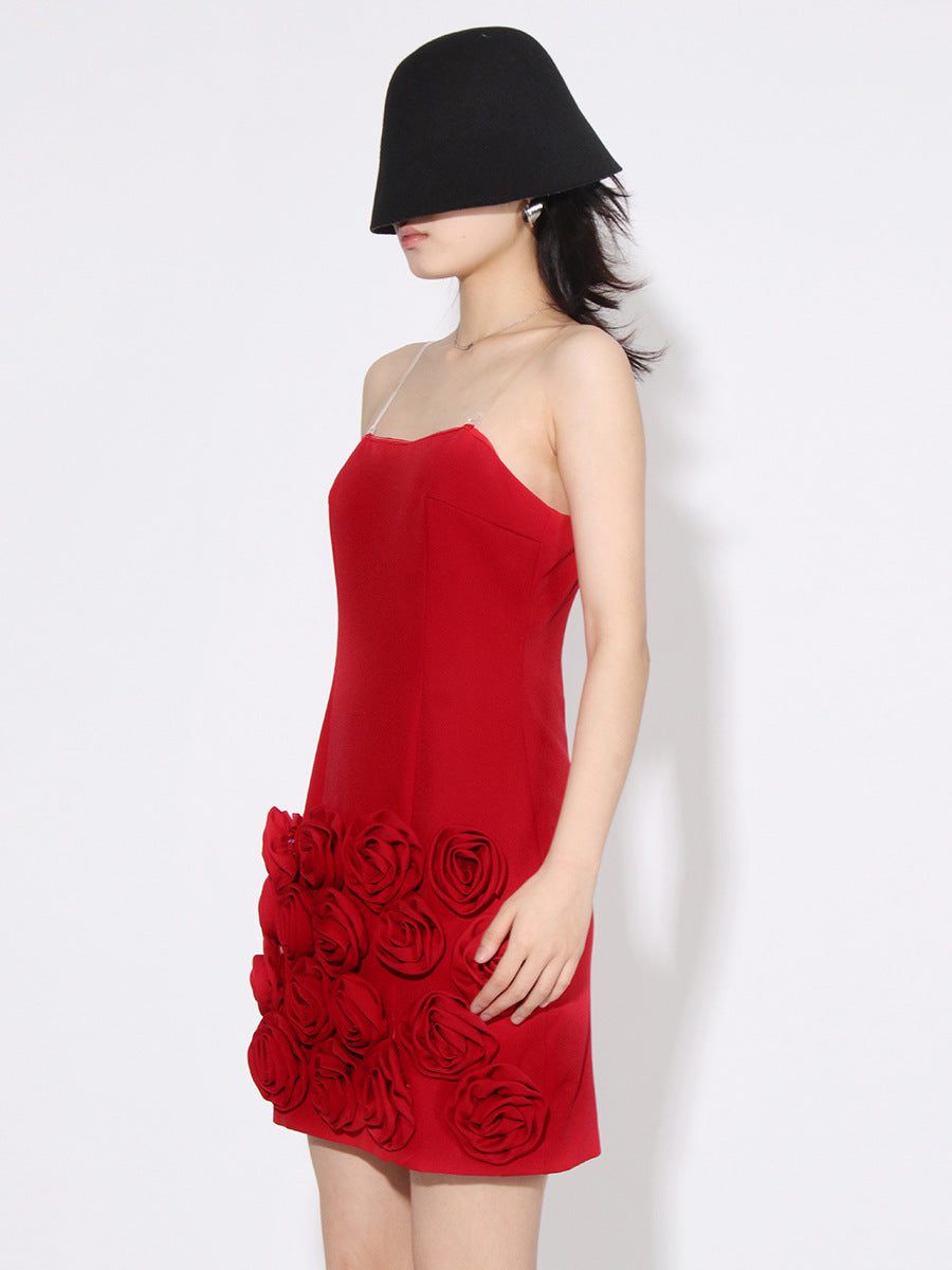 Three-dimensional Rose Decoration Waist-tight Temperament Little Woman Tube Top Dress