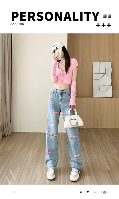 Women's Wide-leg Jeans Embroidered Letters Straight-leg Pants