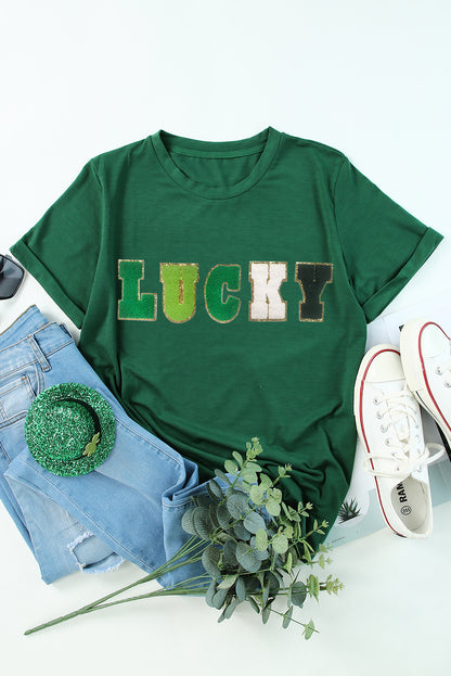 Camiseta verde con cuello redondo y estampado de chenilla con purpurina LUCKY