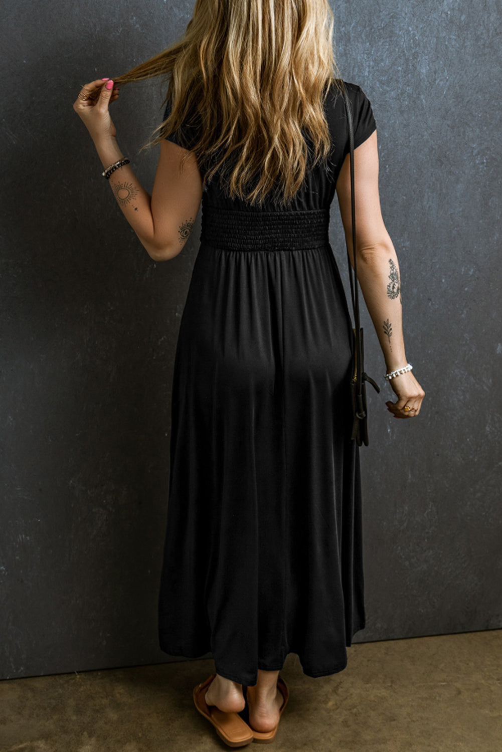 Black Deep V Neck Ruched High Waist Maxi Dress