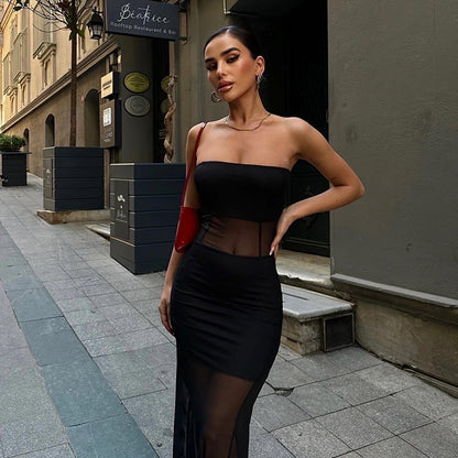 Vestido de cola de pez de malla con top de tubo y abertura en el abdomen de estilo europeo y americano