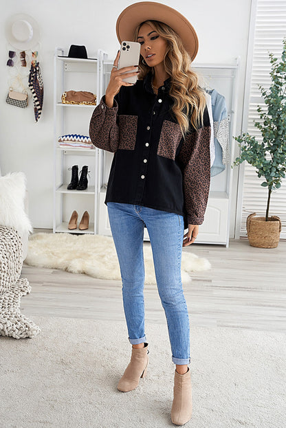 Black Contrast Leopard Denim Jacket