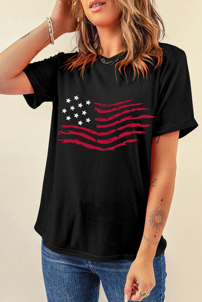 Camiseta negra con cuello redondo y gráfico de bandera americana