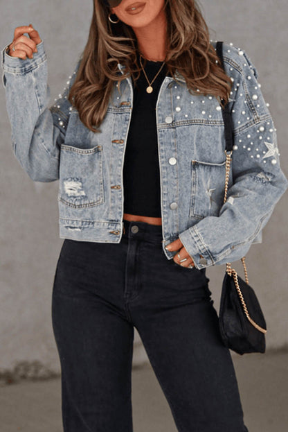 Sky Blue Distressed Pearls Star Cropped Denim Jacket