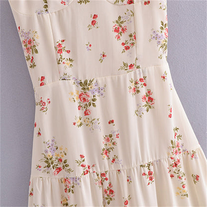 Women's French Style Vintage Small Floral Printed High Waist Slim Fit Slimming Suspenders Dress