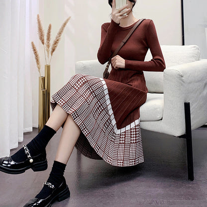 Women's Plaid Bottoming Knitted Sweater Mid-length Over-the-knee Dress