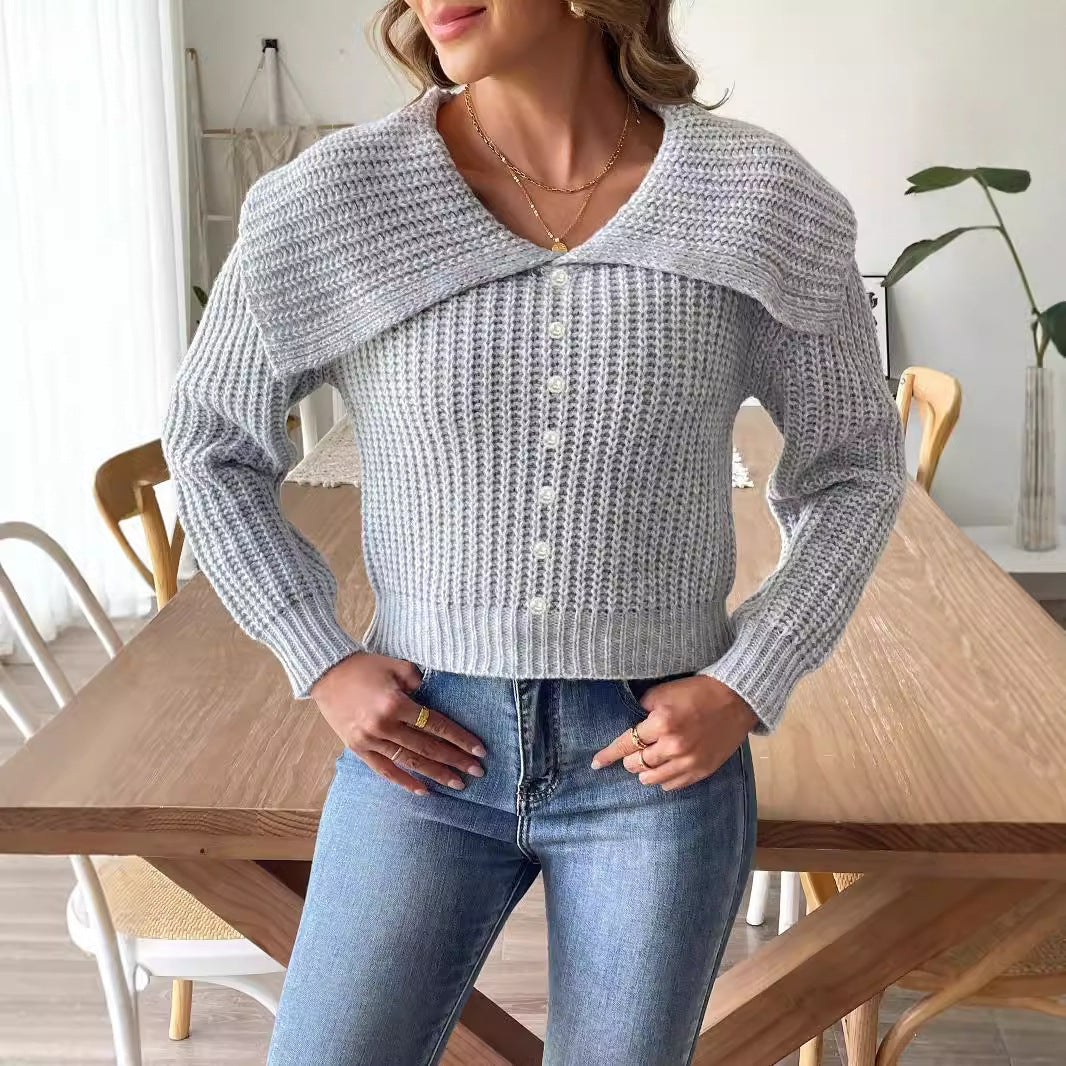 Women's Short Top Beaded Lapel Sweater