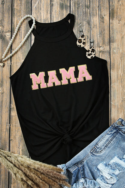 Camiseta sin mangas con cuello redondo y parches de chenilla con gráfico MAMA negro