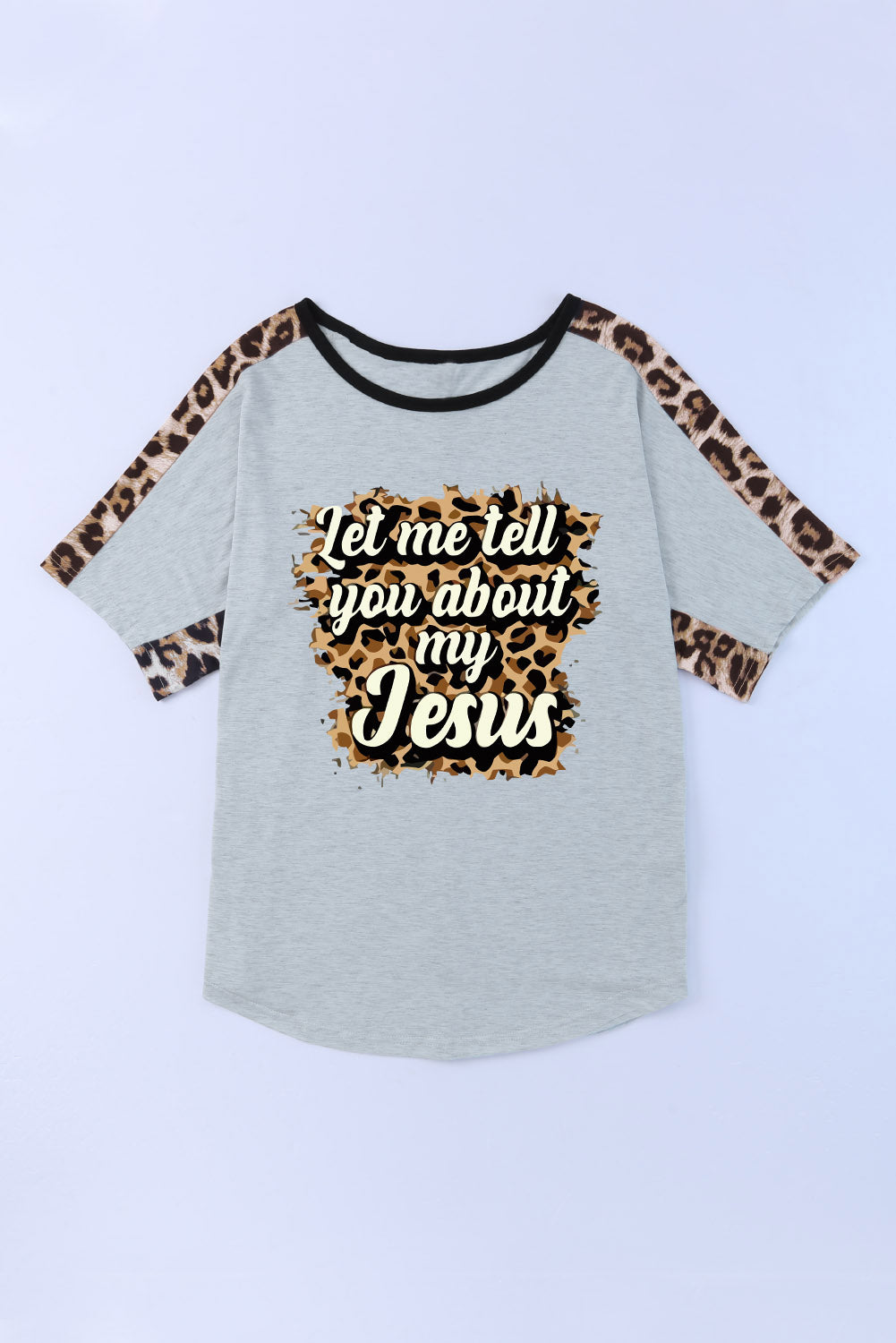 Gris Déjame contarte sobre mi camiseta con estampado de leopardo y patchwork de Jesús