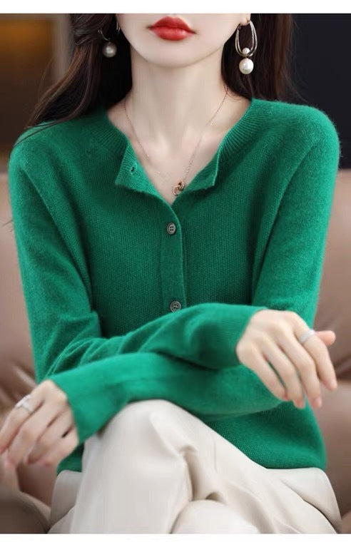 Wool Round Neck Cashmere Cardigan Knitted Coat