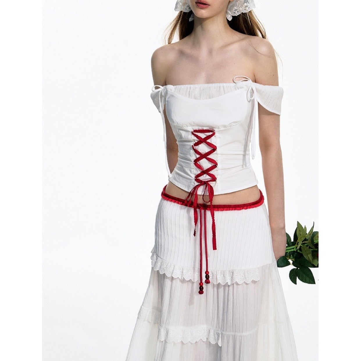 Women's White And Red Strap Off-shoulder Cake Dress Vacation Suit