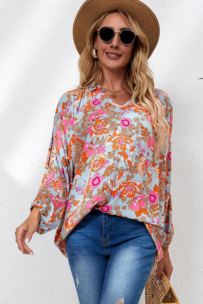 Sky Blue Floral Print Loose Fit Ruched V Neck Blouse