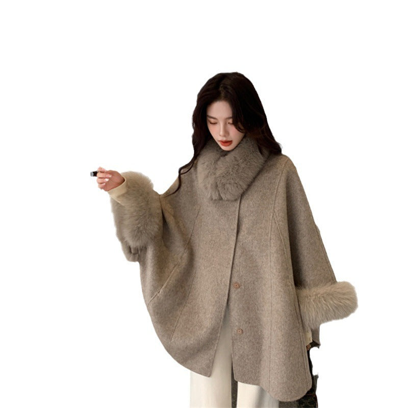 Women's Fashion Double-sided Cashmere Fur Collar Cape And Shawl Coat