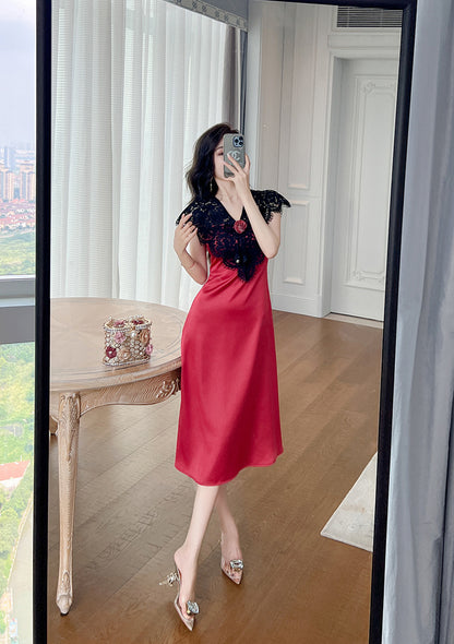 Women's Satin Lace Stitching Ruffle Sleeve Dress