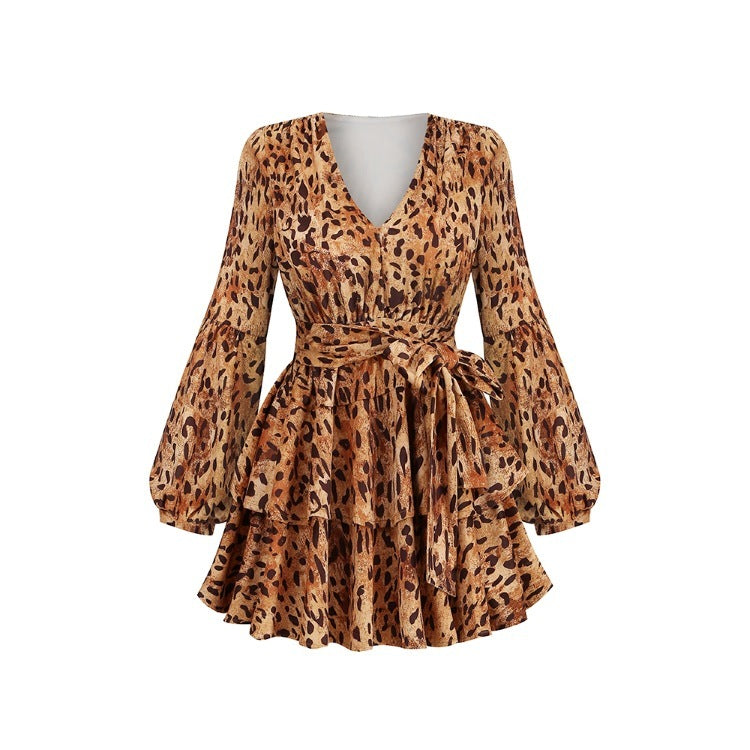 Deep V-neck Leopard Print Dress Long Sleeve Lantern Sleeve Ruffled Skirt