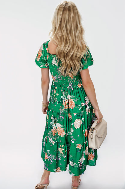 Robe midi smockée imprimée à manches bouffantes