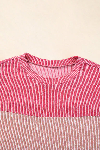 Pink Rib Textured Colorblock T Shirt