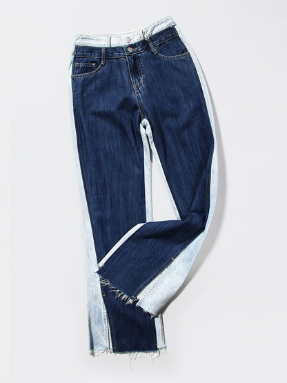 Slit Contrast Raw Hem Jeans