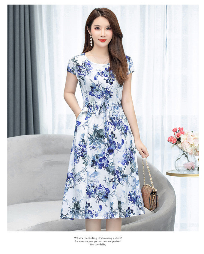 Women's Cotton Silk Short Sleeve Plus Size Slim Floral Dress