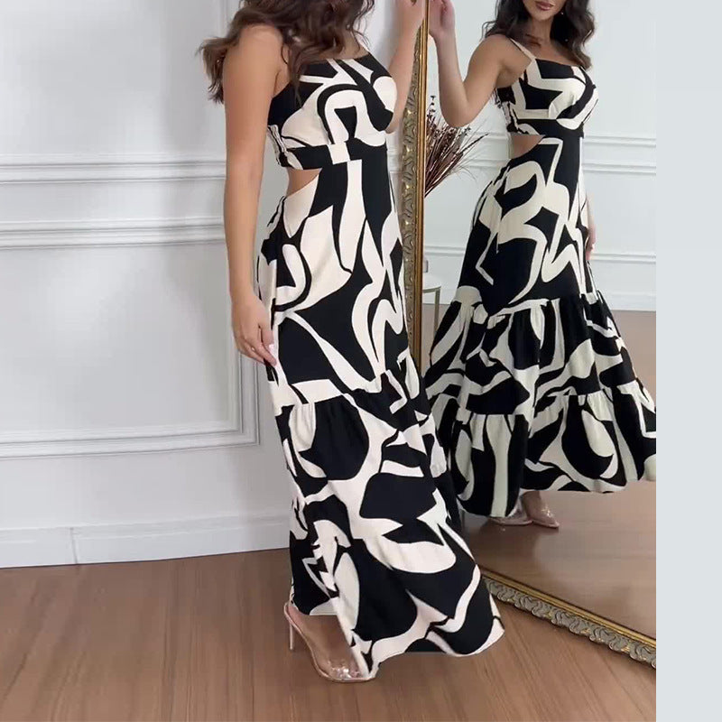 Women's Fashion Printed Square Collar Backless Long Dress