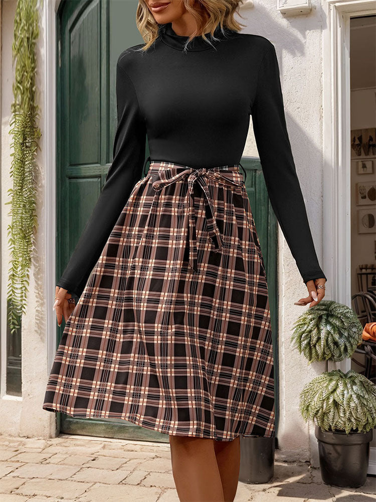 Stand-up Collar Slim Fit Elegant Plaid Dress For Women