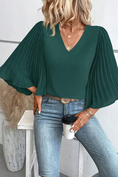 Green Pleated Batwing Sleeve V Neck Blouse