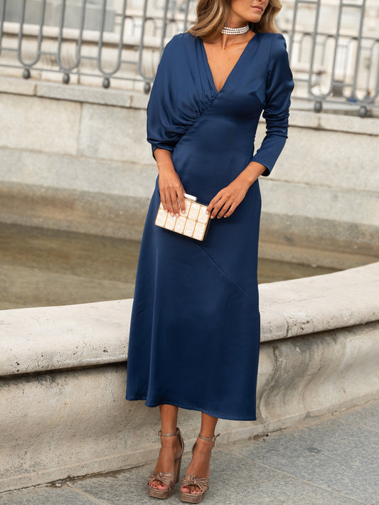 Asymmetrical Sleeves Satin Navy Dress