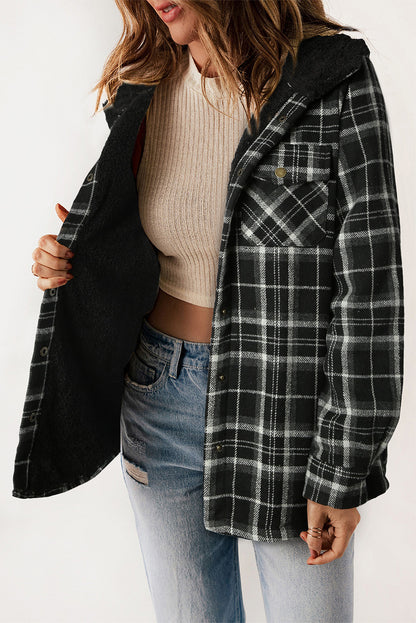 Plaid Pattern Sherpa Lined Hooded Shacket