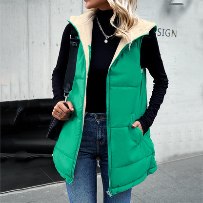 Gilet d'hiver pour femme, ample, mi-long, à capuche, en coton, avec poches, à la mode, chaud, fermeture éclair, manteau moelleux, vêtements d'extérieur