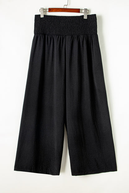 Black Shirred High Waist Plus Size Wide Leg Pants