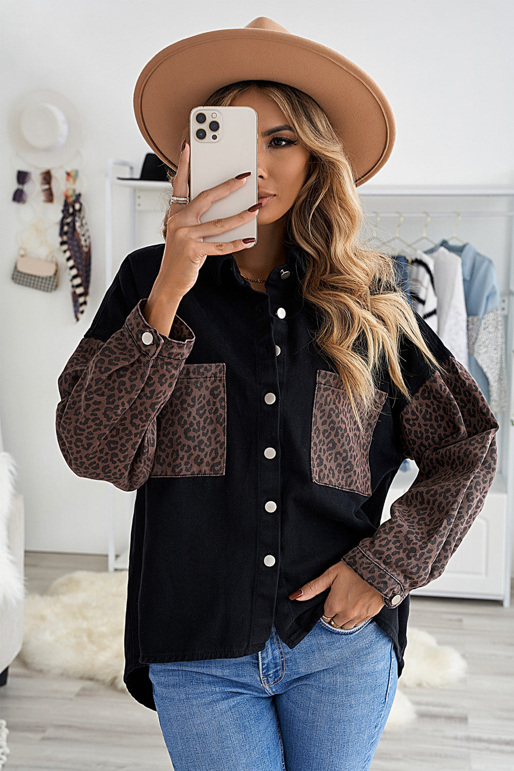 Black Contrast Leopard Denim Jacket