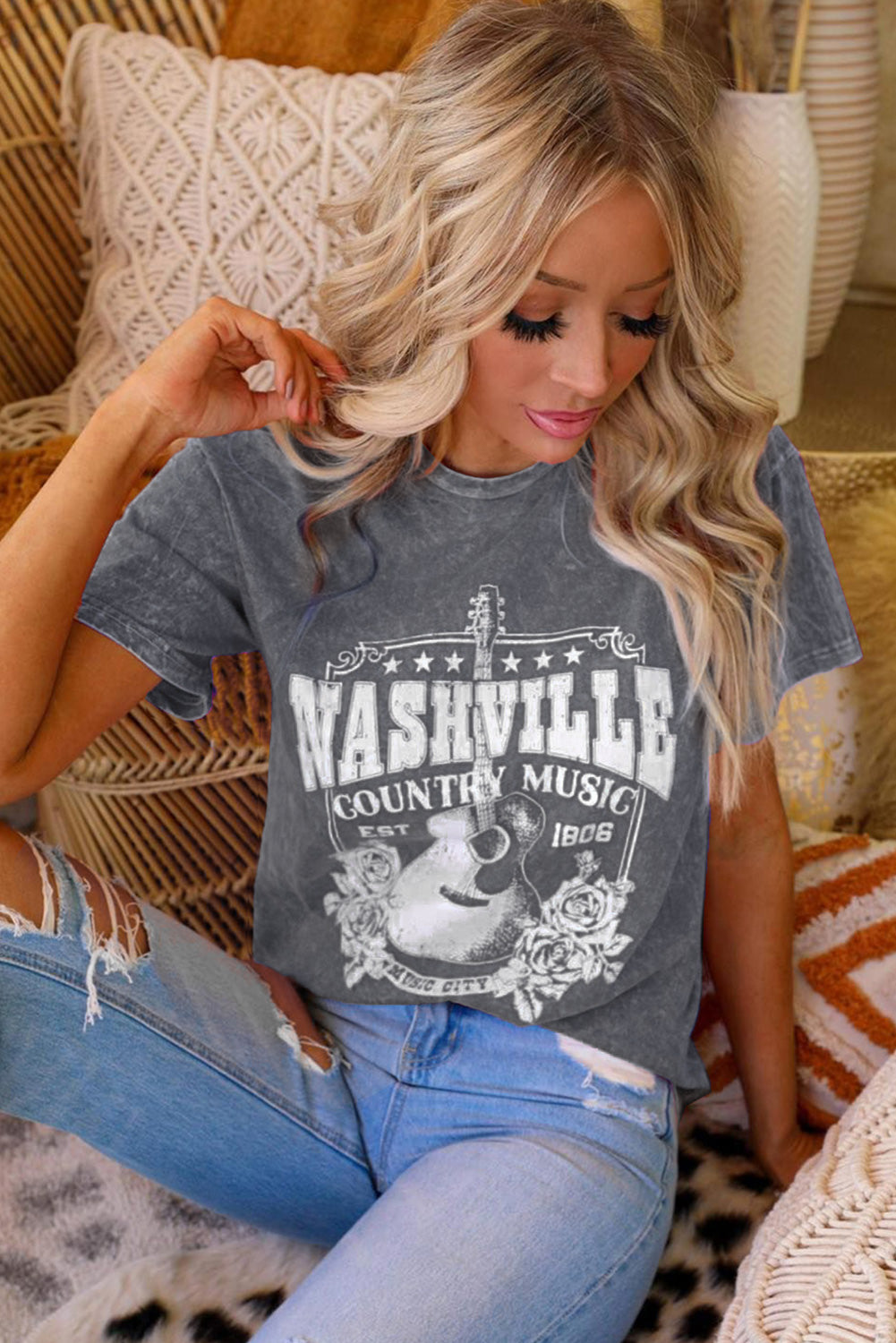 Fiery Red Nashville Music City Graphic Mineral Washed Tee