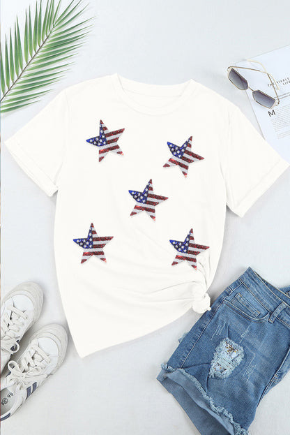 White Sequin American Flag Star Graphic T Shirt