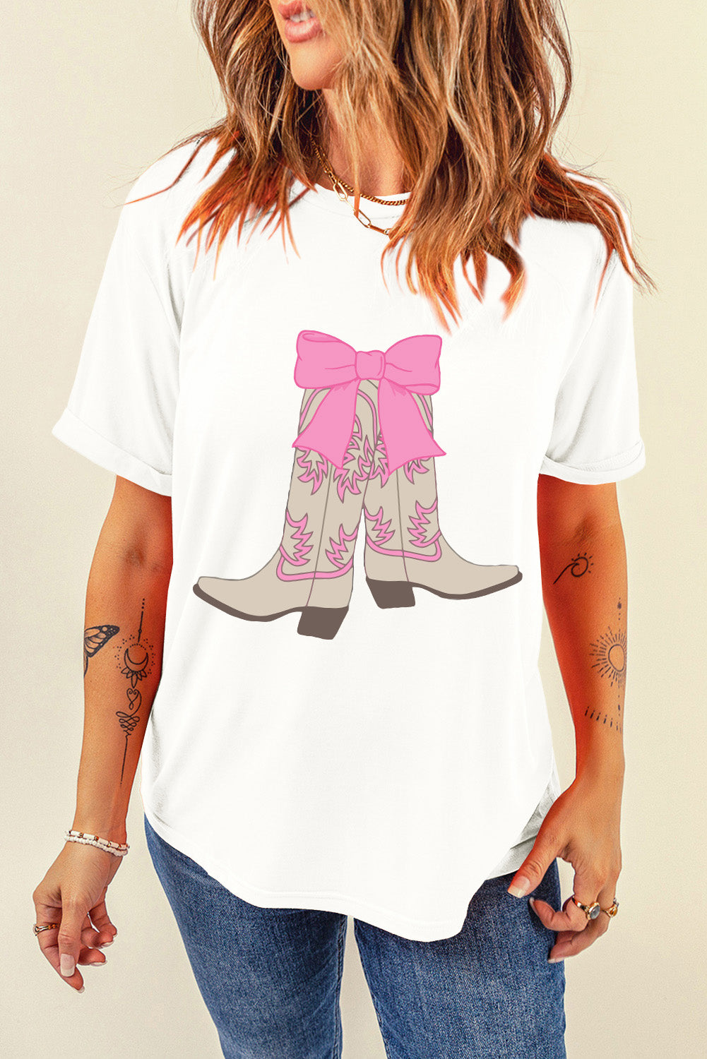 White Casual Boots Bow Graphic Round Neck T Shirt