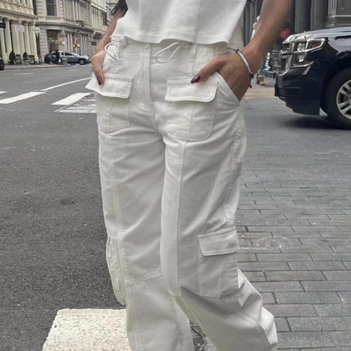 American Retro White Straight-cut Trousers With Multiple Pockets