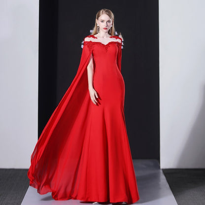 Vestido de noche para mujer, vestido elegante con capa roja para banquete