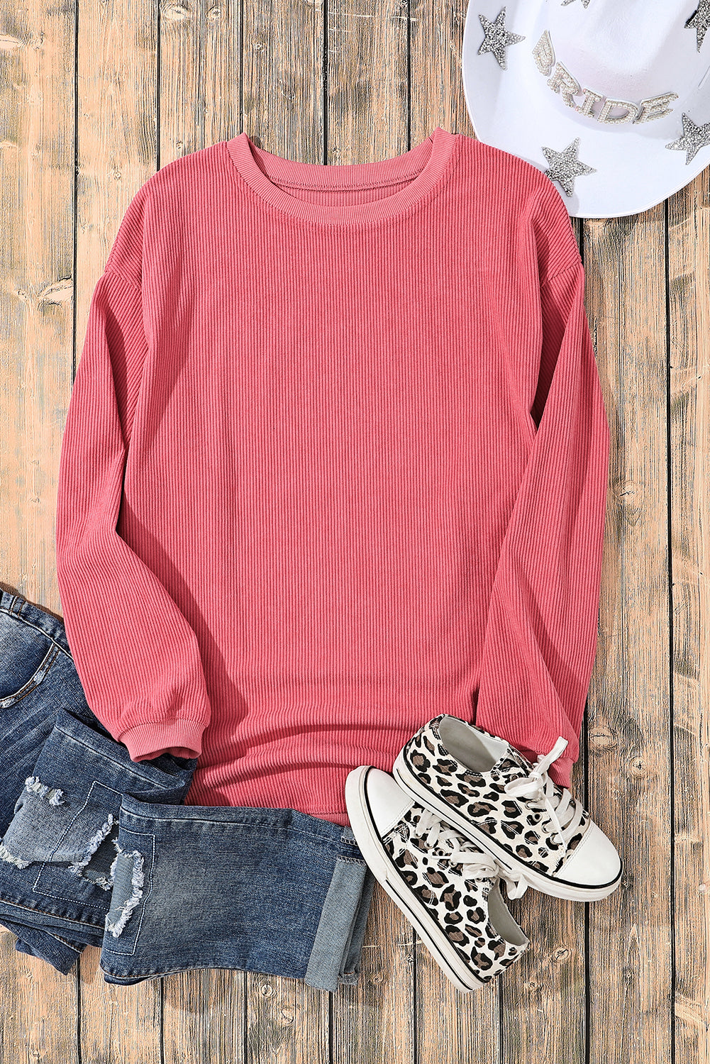 Sweat-shirt surdimensionné côtelé rose fraise