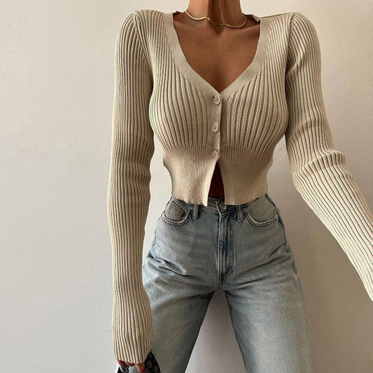 Deep V-neck Wool Long-sleeved Top Fashion Slim-fit Versatile