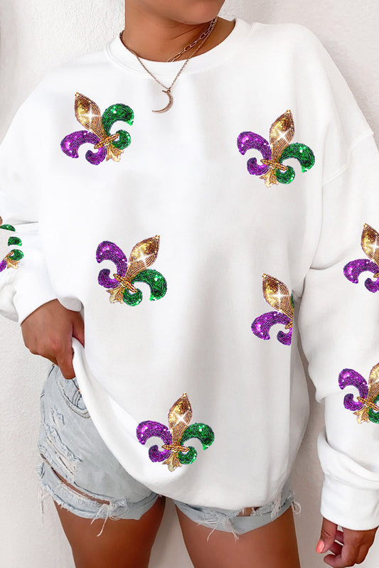 Sudadera con gráfico MARDI GRAS de lentejuelas blancas