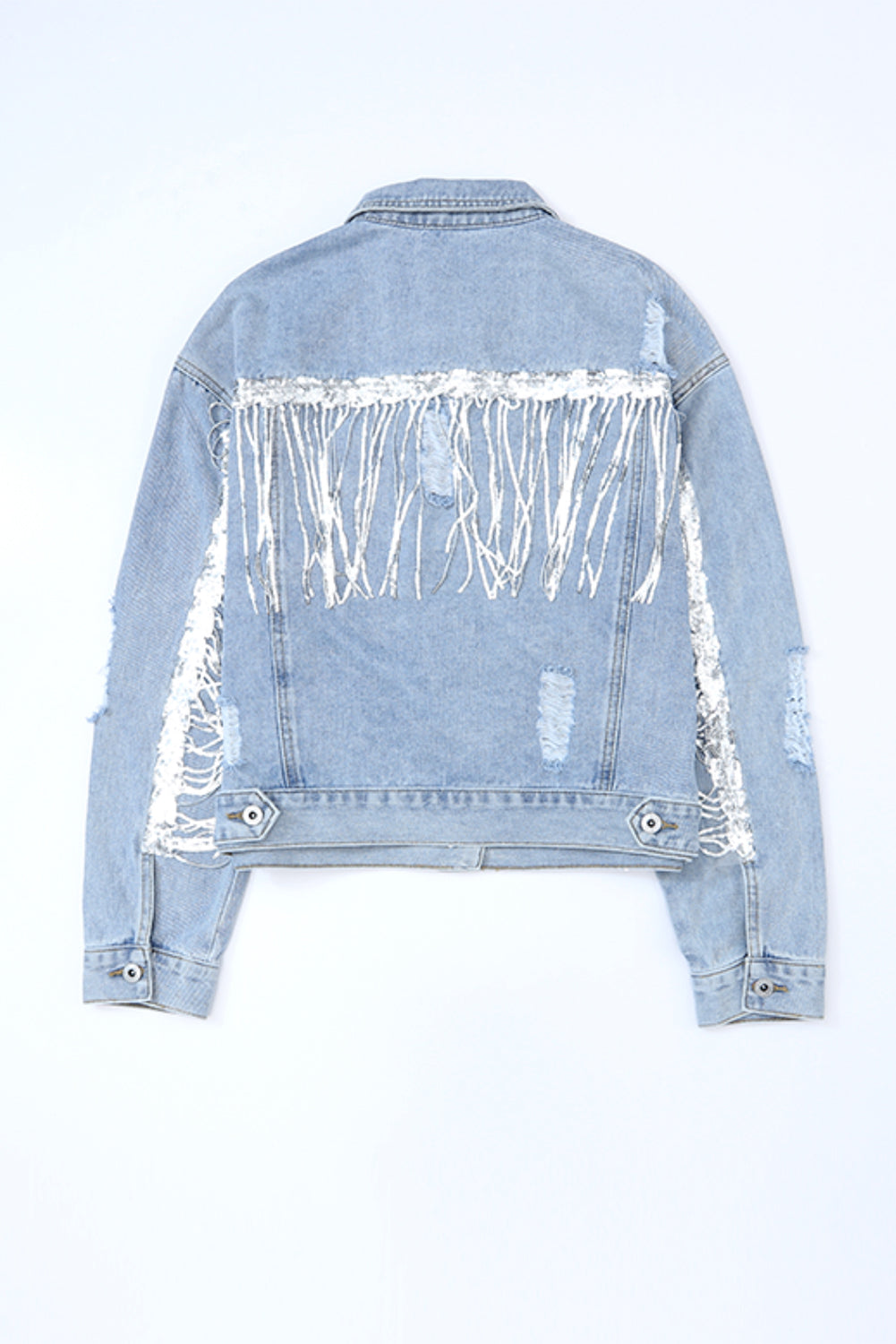 Veste en jean effet vieilli à franges ornées de sequins bleu ciel