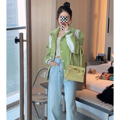 Women's Fashion Cropped Lapel Colorblock Baseball Jacket