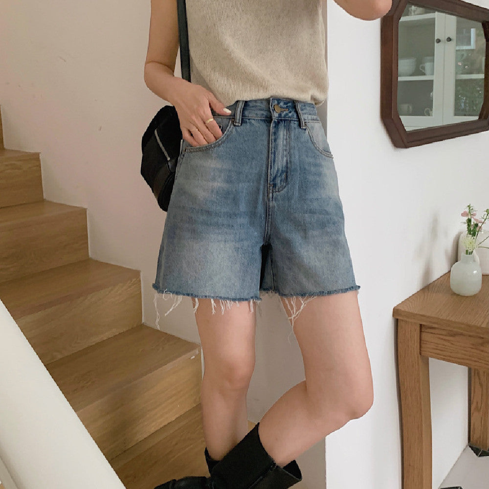 Women's Retro Fashionable Raw Edge Distressed Baggy Denim Shorts