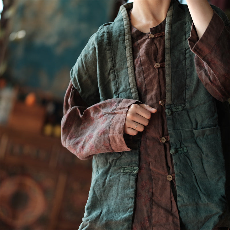 Distressed Snow Wash Pure Linen Color Effect Collar Loose Quilted Waistcoat Vest