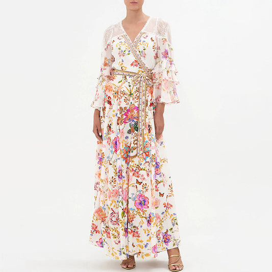 Robe de fée Style vacances, col en v, taille à lacets, longue, florale, amincissante, pour femmes