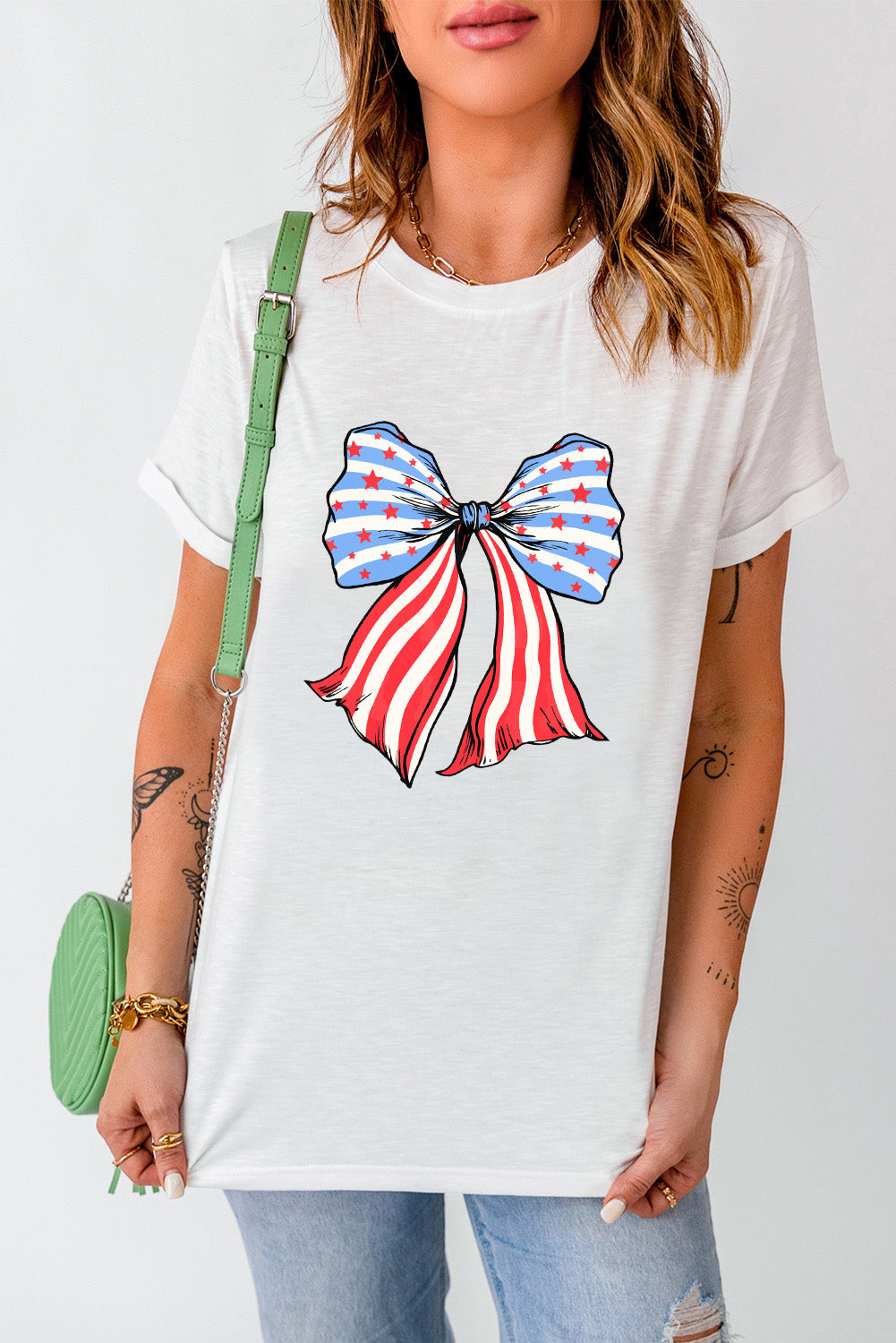 White Stripes and Stars Bowknot Graphic T Shirt