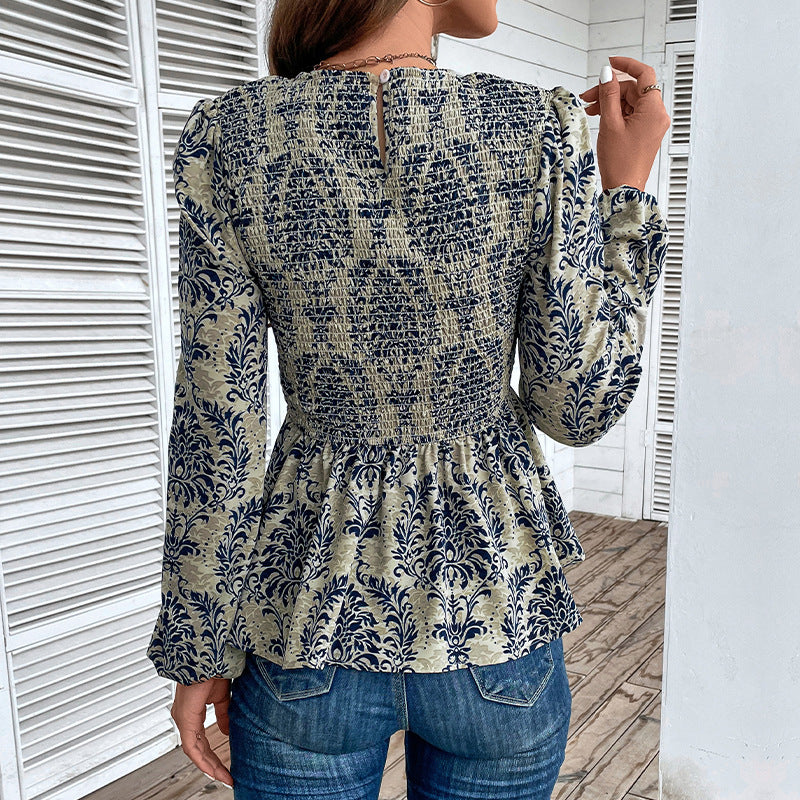 Women's Top Smocking Slim Fit Round Neck Long Sleeves Printed