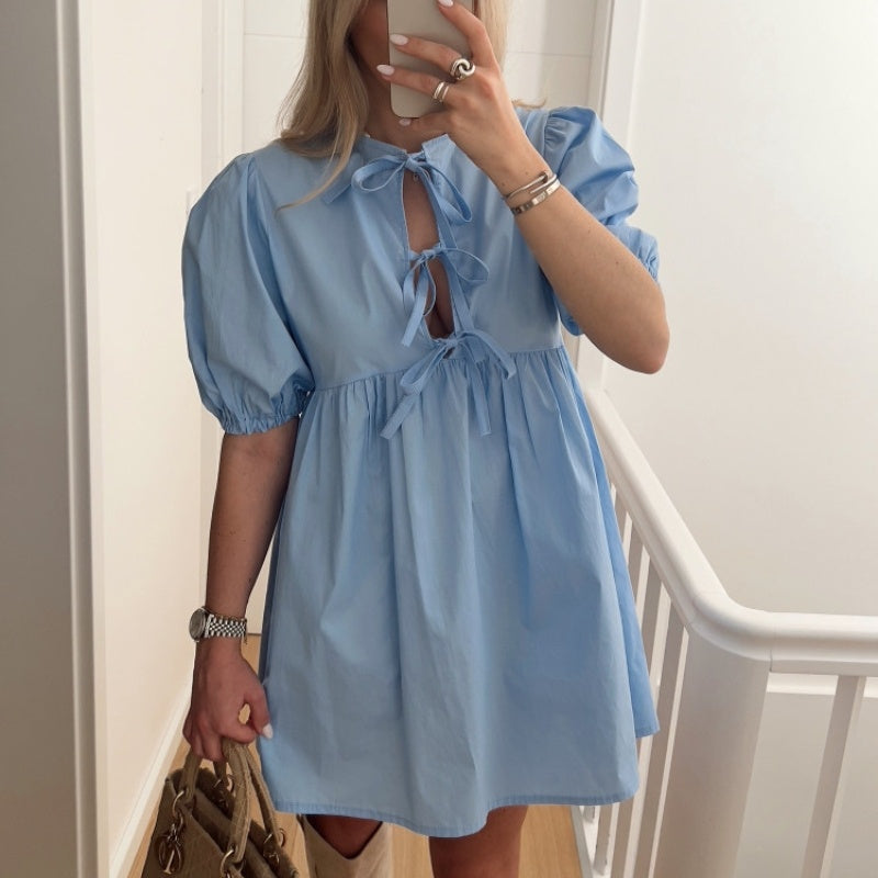 Lacing Mid-length Solid Color Shirt Dress Women